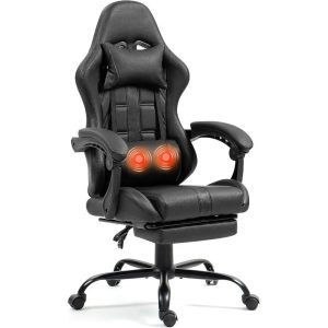 Massage Gaming Chair with Footrest – Ergonomic High-Back PC Chair with Headrest & Lumbar Support (Black)