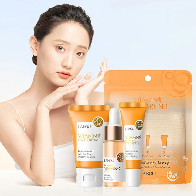 3pcs/set LAIKOU Vitamin C 24K Golden Sakura Skin Care Set – Face Cream, Serum & Eye Cream